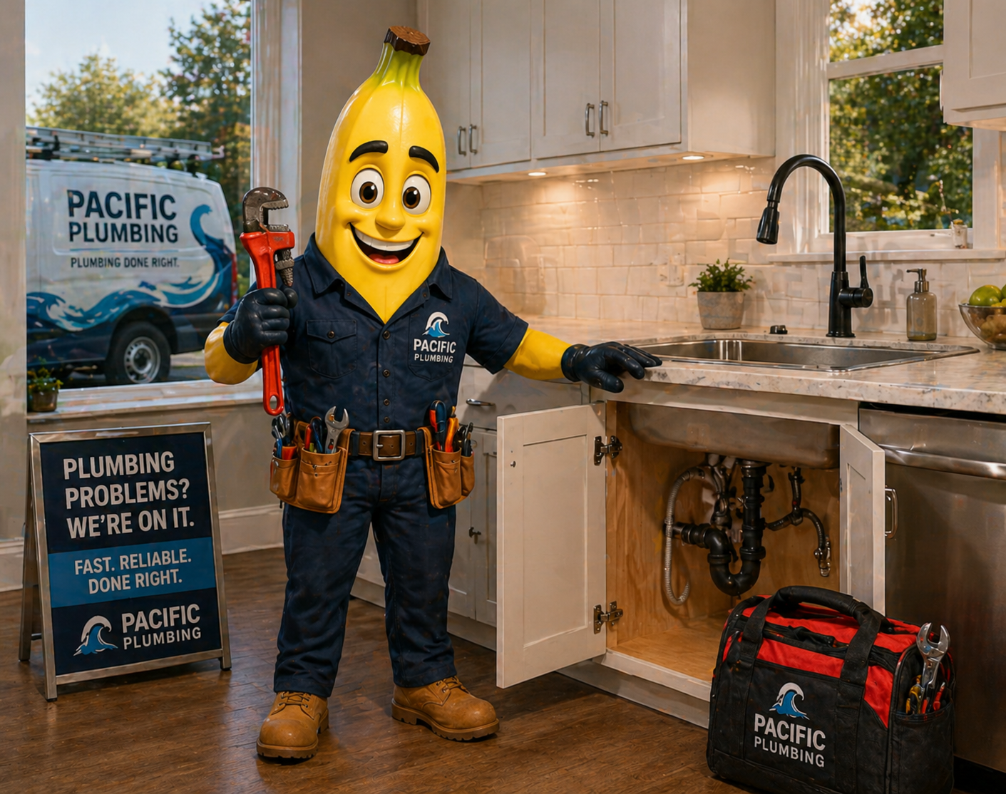 Pacific Plumbing mascot standing beside kitchen sink plumbing