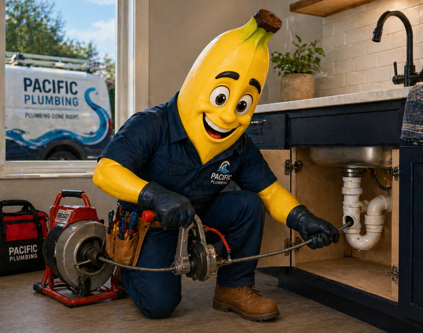 Pacific Plumbing mascot clearing a drain line under a sink
