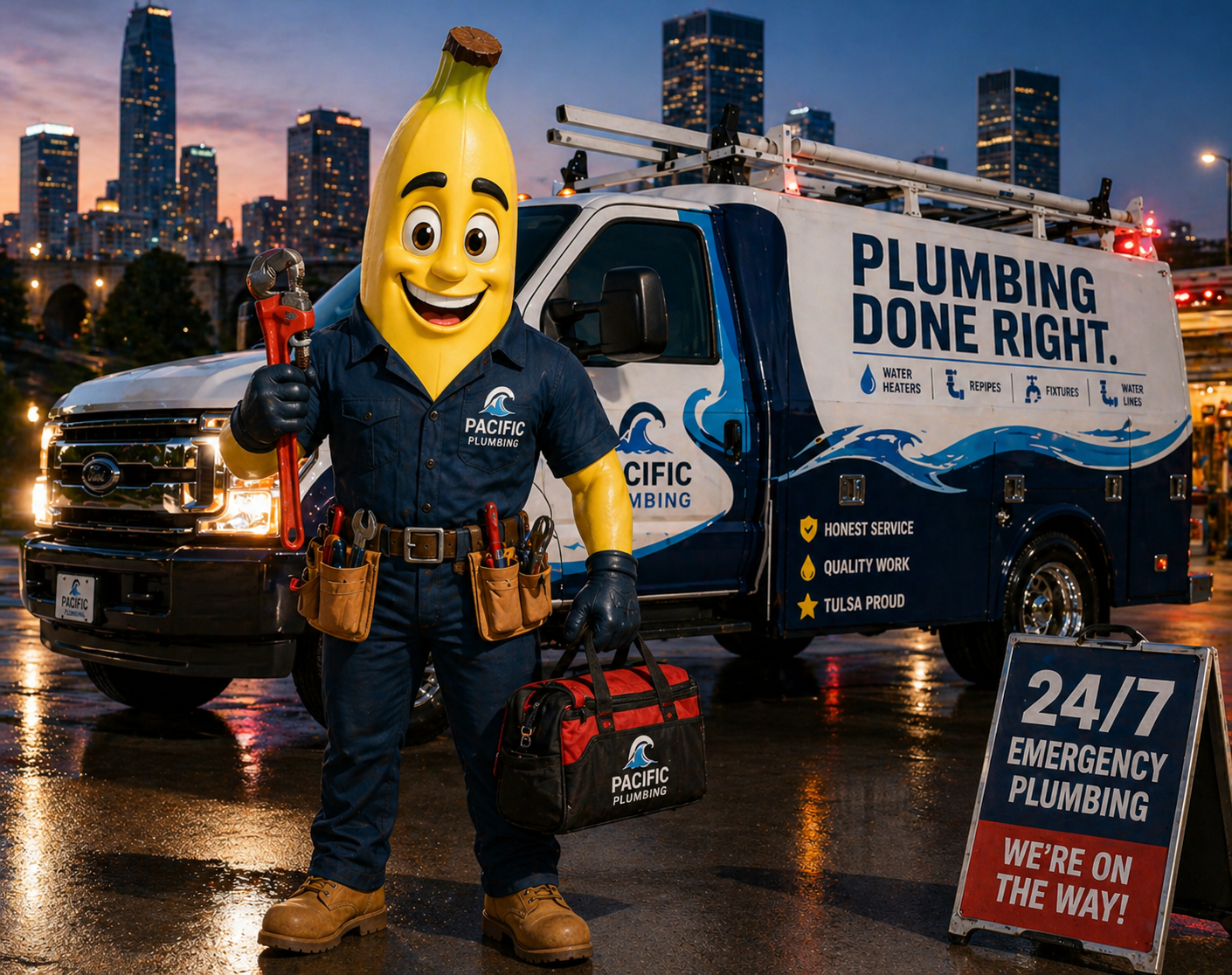 Pacific Plumbing mascot ready for 24/7 emergency plumbing service