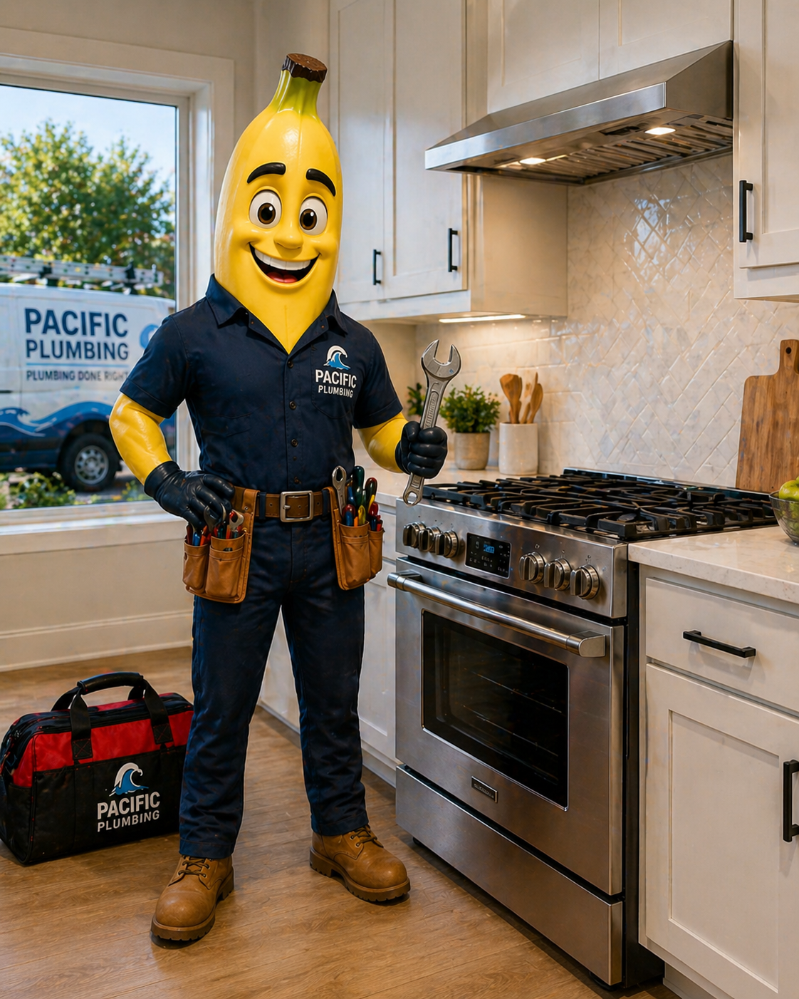 Pacific Plumbing mascot standing beside a kitchen gas range
