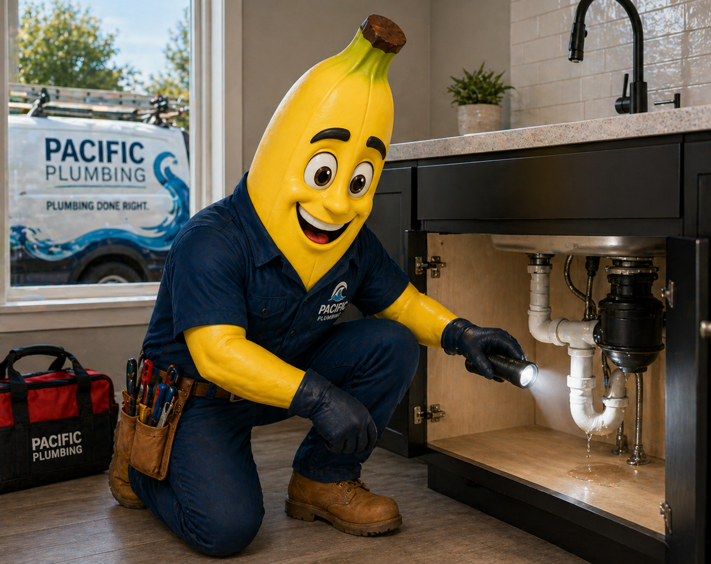 Pacific Plumbing mascot using a flashlight to find an under-sink leak