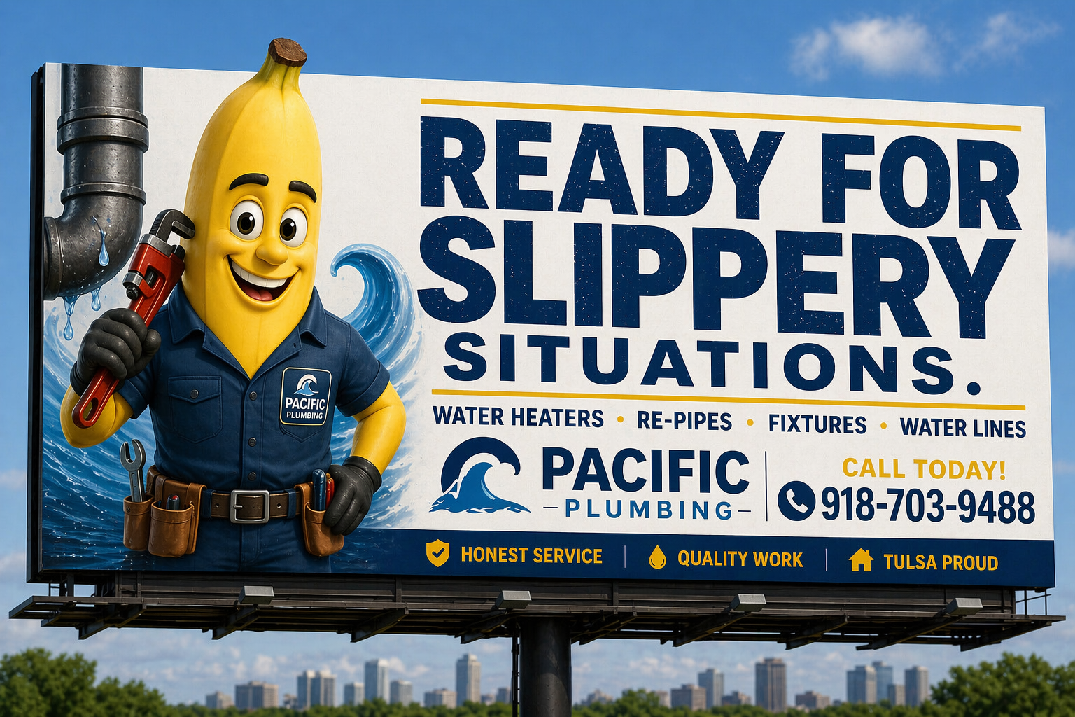 Pacific Plumbing billboard with Ready for Slippery Situations campaign