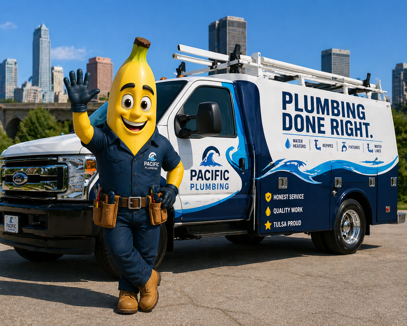 Pacific Plumbing mascot standing beside a branded plumbing truck