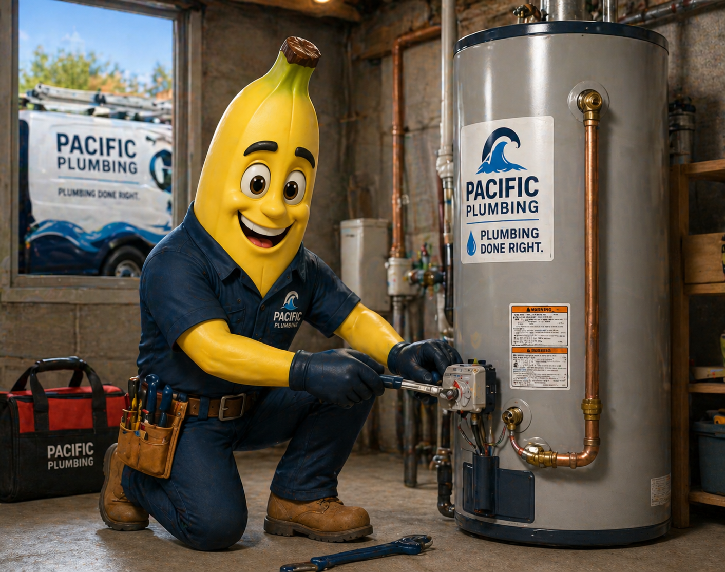 Pacific Plumbing mascot servicing a branded water heater