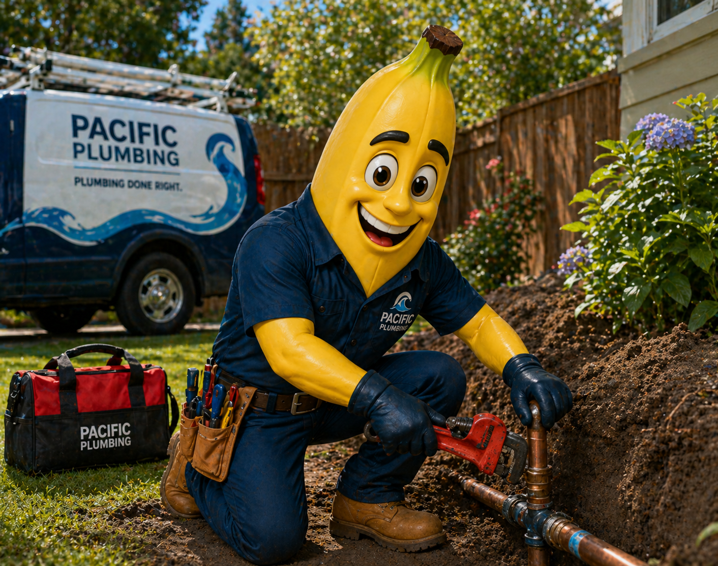 Pacific Plumbing mascot repairing an underground water line